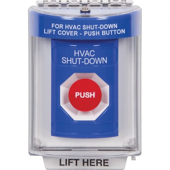 SS2434HV-ES STI Blue Indoor/Outdoor Flush Momentary Stopper Station with HVAC SHUT DOWN Label Spanish