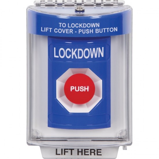SS2434LD-EN STI Blue Indoor/Outdoor Flush Momentary Stopper Station with LOCKDOWN Label English