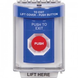 SS2434PX-ES STI Blue Indoor/Outdoor Flush Momentary Stopper Station with PUSH TO EXIT Label Spanish