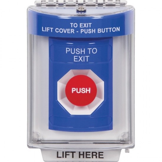 SS2434PX-ES STI Blue Indoor/Outdoor Flush Momentary Stopper Station with PUSH TO EXIT Label Spanish