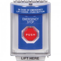 SS2435ES-EN STI Blue Indoor/Outdoor Flush Momentary (Illuminated) Stopper Station with EMERGENCY STOP Label English