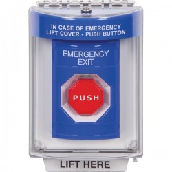 SS2435EX-ES STI Blue Indoor/Outdoor Flush Momentary (Illuminated) Stopper Station with EMERGENCY EXIT Label Spanish