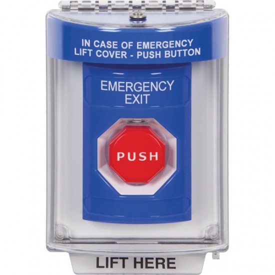 SS2435EX-ES STI Blue Indoor/Outdoor Flush Momentary (Illuminated) Stopper Station with EMERGENCY EXIT Label Spanish