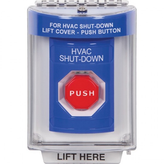SS2435HV-ES STI Blue Indoor/Outdoor Flush Momentary (Illuminated) Stopper Station with HVAC SHUT DOWN Label Spanish