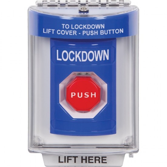 SS2435LD-ES STI Blue Indoor/Outdoor Flush Momentary (Illuminated) Stopper Station with LOCKDOWN Label Spanish