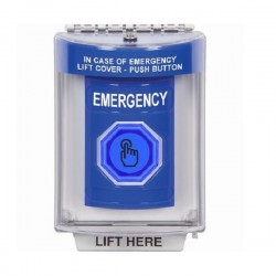 SS2436EM-EN STI Blue Indoor/Outdoor Flush Momentary (Illuminated) with Blue Lens Stopper Station with EMERGENCY Label English SS2436EM-EN STI Blue Indoor/Outdoor Flush Momentary (Illuminated) with Blue Lens Stopper Station with EMERGENCY Label English