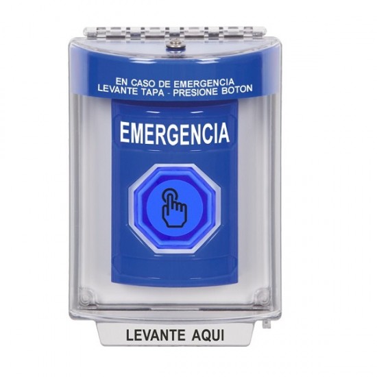 SS2436EM-ES STI Blue Indoor/Outdoor Flush Momentary (Illuminated) with Blue Lens Stopper Station with EMERGENCY Label Spanish SS2436EM-ES STI Blue Indoor/Outdoor Flush Momentary (Illuminated) with Blue Lens Stopper Station with EMERGENCY Label Spanish