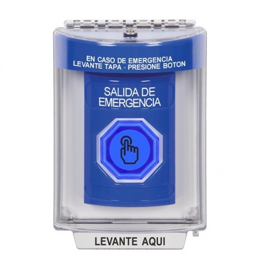 SS2436EX-ES STI Blue Indoor/Outdoor Flush Momentary (Illuminated) Stopper Station w/ EMERGENCY EXIT Spanish