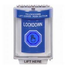 SS2436LD-EN STI Blue Indoor/Outdoor Flush Momentary (Illuminated) with Blue Lens Stopper Station with LOCKDOWN Label English