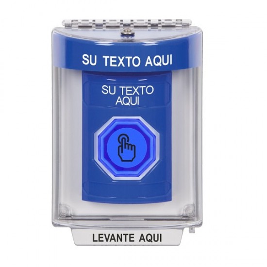 SS2436ZA-ES STI Blue Indoor/Outdoor Flush Momentary (Illuminated) Stopper Station w/ Custom Text Spanish