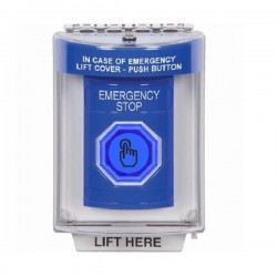 SS2437ES-EN STI Blue Indoor/Outdoor Flush Weather Resistant Momentary Stopper Station w/ EMERGENCY STOP Label