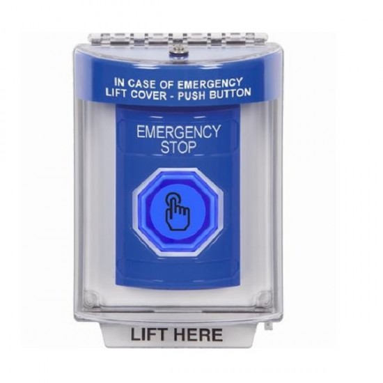 SS2437ES-EN STI Blue Indoor/Outdoor Flush Weather Resistant Momentary Stopper Station w/ EMERGENCY STOP Label