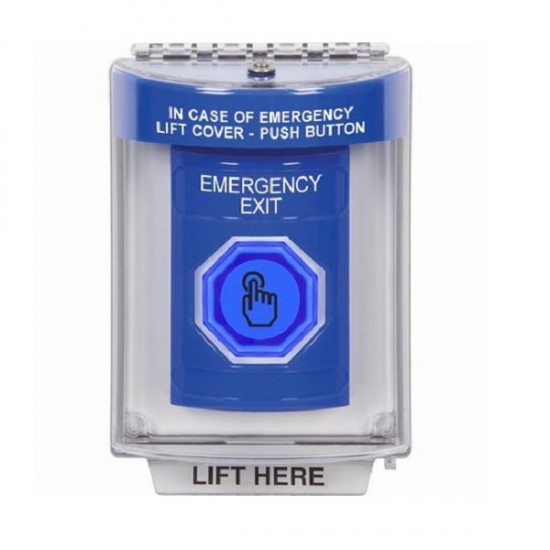 SS2437EX-EN STI Blue Indoor/Outdoor Flush Weather Resistant Momentary Stopper Station w/ EMERGENCY EXIT Label