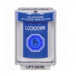 SS2437LD-EN STI Blue Indoor/Outdoor Flush Weather Resistant Momentary Stopper Station w/ LOCKDOWN Label