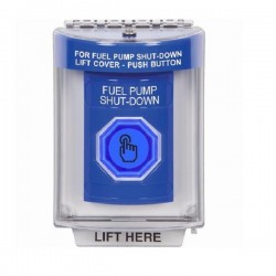SS2437PS-EN STI Blue Indoor/Outdoor Flush Weather Resistant Momentary Stopper Station w/ FUEL PUMP SHUT DOWN Label