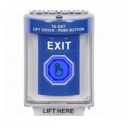 SS2437XT-EN STI Blue Indoor/Outdoor Flush Weather Resistant Momentary Stopper Station w/ EXIT Label