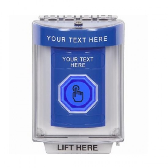SS2437ZA-EN STI Blue Indoor/Outdoor Flush Weather Resistant Momentary Stopper Station w/ Custom Text Label