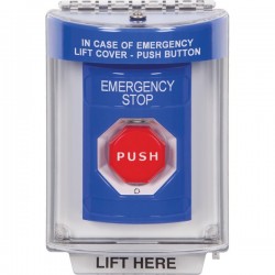 SS2439ES-ES STI Blue Indoor/Outdoor Flush Turn-to-Reset (Illuminated) Stopper Station with EMERGENCY STOP Label Spanish