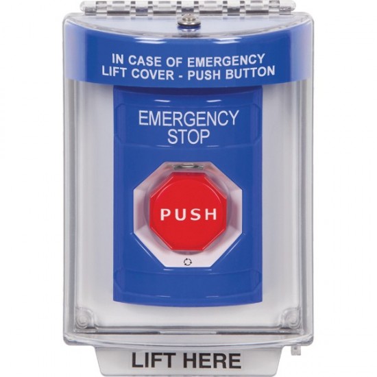 SS2439ES-ES STI Blue Indoor/Outdoor Flush Turn-to-Reset (Illuminated) Stopper Station with EMERGENCY STOP Label Spanish