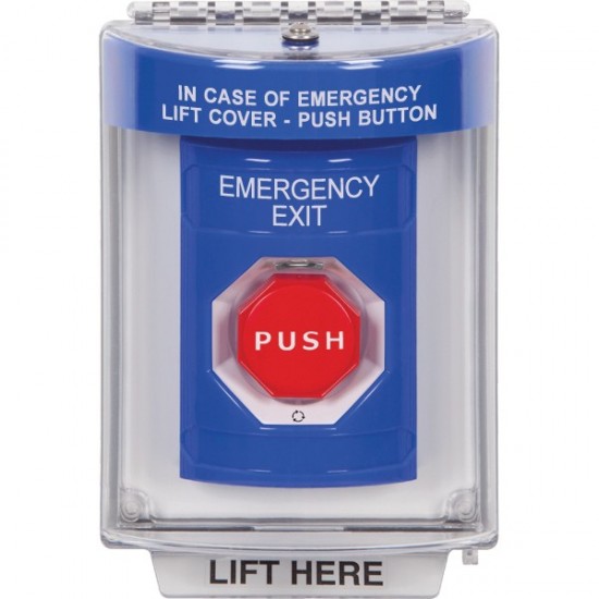 SS2439EX-EN STI Blue Indoor/Outdoor Flush Turn-to-Reset (Illuminated) Stopper Station with EMERGENCY EXIT Label English