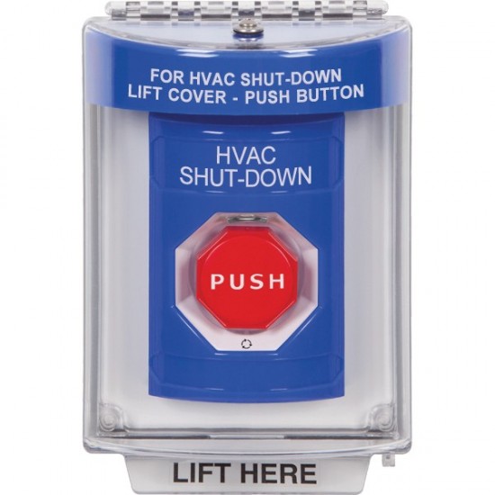 SS2439HV-EN STI Blue Indoor/Outdoor Flush Turn-to-Reset (Illuminated) Stopper Station with HVAC SHUT DOWN Label English