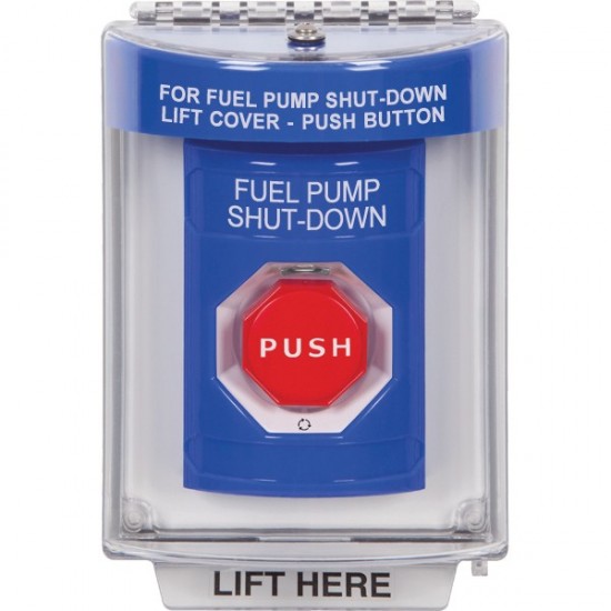 SS2439PS-EN STI Blue Indoor/Outdoor Flush Turn-to-Reset (Illuminated) Stopper Station with FUEL PUMP SHUT DOWN Label English
