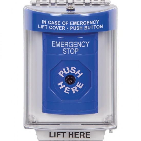 SS2440ES-EN STI Blue Indoor/Outdoor Flush w/ Horn Key-to-Reset Stopper Station with EMERGENCY STOP Label English