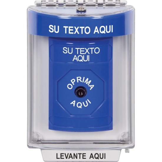 SS2440ZA-ES STI Blue Indoor/Outdoor Flush w/ Horn Key-to-Reset Stopper Station with Non-Returnable Custom Text Label Spanish