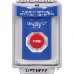 SS2441ES-EN STI Blue Indoor/Outdoor Flush w/ Horn Turn-to-Reset Stopper Station with EMERGENCY STOP Label English
