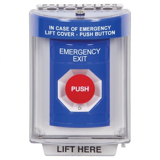 SS2441EX-ES STI Blue Indoor/Outdoor Flush w/ Horn Turn-to-Reset Stopper Station with EMERGENCY EXIT Label Spanish