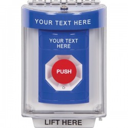 SS2441ZA-ES STI Blue Indoor/Outdoor Flush w/ Horn Turn-to-Reset Stopper Station with Non-Returnable Custom Text Label Spanish