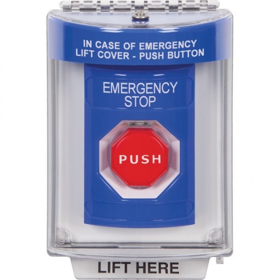 SS2442ES-EN STI Blue Indoor/Outdoor Flush w/ Horn Key-to-Reset (Illuminated) Stopper Station with EMERGENCY STOP Label English