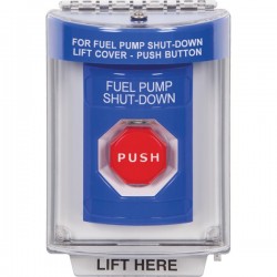 SS2442PS-EN STI Blue Indoor/Outdoor Flush w/ Horn Key-to-Reset Stopper Station w/ FUEL PUMP SHUT DOWN Label