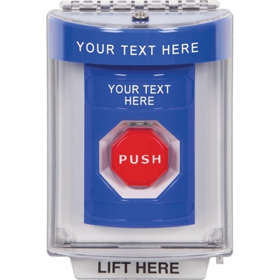 SS2442ZA-EN STI Blue Indoor/Outdoor Flush w/ Horn Key-to-Reset Stopper Station w/ Custom Text Label