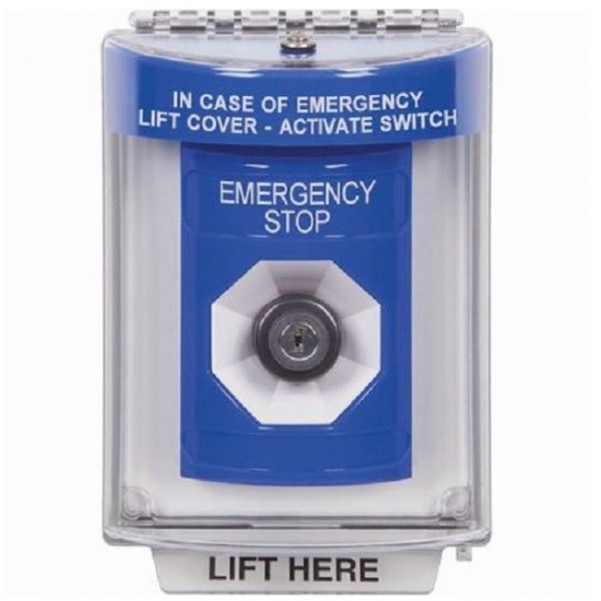 SS2443ES-ES STI Blue Indoor/Outdoor Flush w/ Horn Key-to-Activate Stopper Station with EMERGENCY STOP Label Spanish