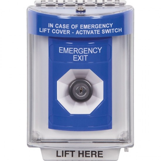 SS2443EX-ES STI Blue Indoor/Outdoor Flush w/ Horn Key-to-Activate Stopper Station with EMERGENCY EXIT Label Spanish
