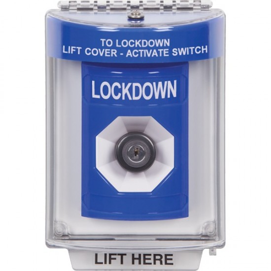 SS2443LD-ES STI Blue Indoor/Outdoor Flush w/ Horn Key-to-Activate Stopper Station with LOCKDOWN Label Spanish