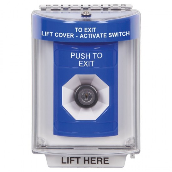 SS2443PX-EN STI Blue Indoor/Outdoor Flush w/ Horn Key-to-Activate Stopper Station with PUSH TO EXIT Label English