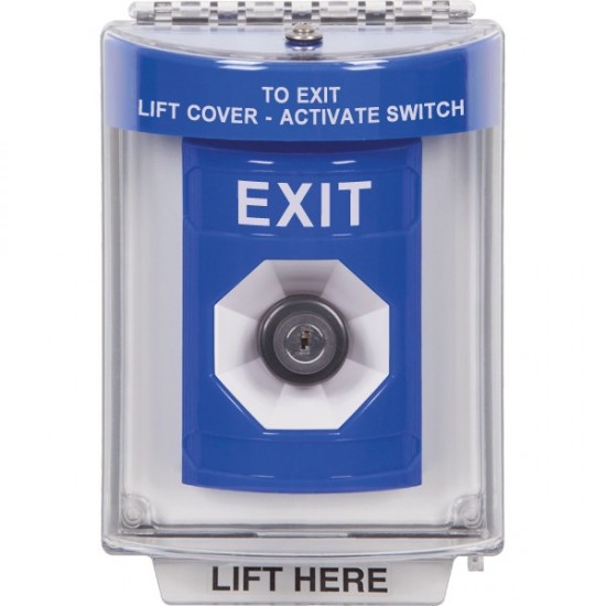 SS2443XT-ES STI Blue Indoor/Outdoor Flush w/ Horn Key-to-Activate Stopper Station with EXIT Label Spanish