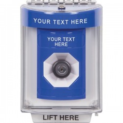 SS2443ZA-ES STI Blue Indoor/Outdoor Flush w/ Horn Key-to-Activate Stopper Station with Non-Returnable Custom Text Label Spanish