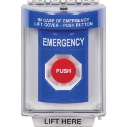 SS2444EM-ES STI Blue Indoor/Outdoor Flush w/ Horn Momentary Stopper Station with EMERGENCY Label Spanish