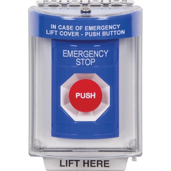 SS2444ES-ES STI Blue Indoor/Outdoor Flush w/ Horn Momentary Stopper Station with EMERGENCY STOP Label Spanish