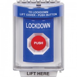 SS2444LD-ES STI Blue Indoor/Outdoor Flush w/ Horn Momentary Stopper Station with LOCKDOWN Label Spanish