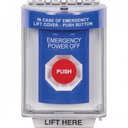 SS2444PO-EN STI Blue Indoor/Outdoor Flush w/ Horn Momentary Stopper Station with EMERGENCY POWER OFF Label English