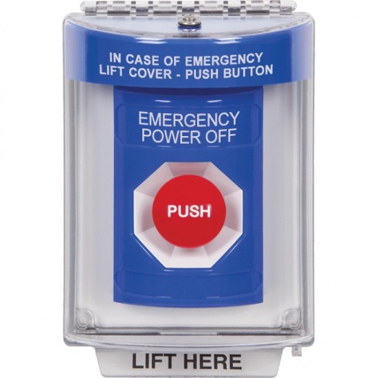 SS2444PO-EN STI Blue Indoor/Outdoor Flush w/ Horn Momentary Stopper Station with EMERGENCY POWER OFF Label English