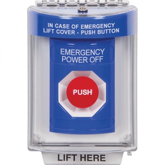 SS2444PO-ES STI Blue Indoor/Outdoor Flush w/ Horn Momentary Stopper Station with EMERGENCY POWER OFF Label Spanish