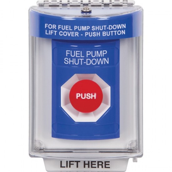 SS2444PS-EN STI Blue Indoor/Outdoor Flush w/ Horn Momentary Stopper Station with FUEL PUMP SHUT DOWN Label English