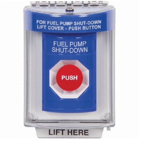 SS2444PS-ES STI Blue Indoor/Outdoor Flush w/ Horn Momentary Stopper Station with FUEL PUMP SHUT DOWN Label Spanish