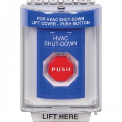 SS2445HV-ES STI Blue Indoor/Outdoor Flush w/ Horn Momentary (Illuminated) Stopper Station with HVAC SHUT DOWN Label Spanish