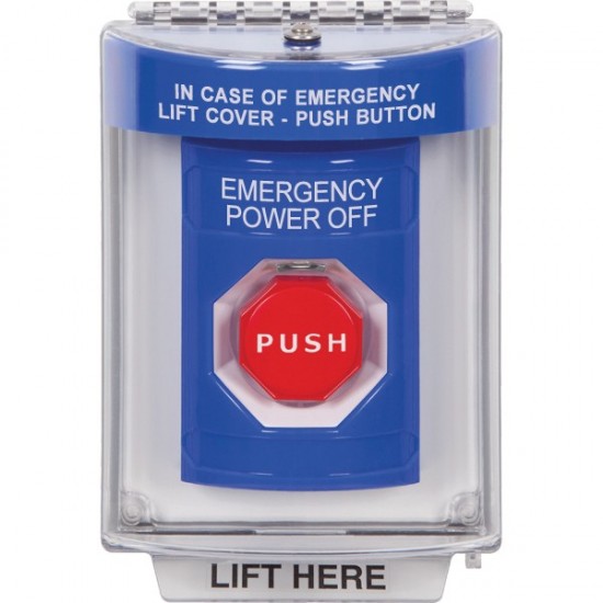 SS2445PO-EN STI Blue Indoor/Outdoor Flush w/ Horn Momentary Stopper Station w/ EMERGENCY POWER OFF Label